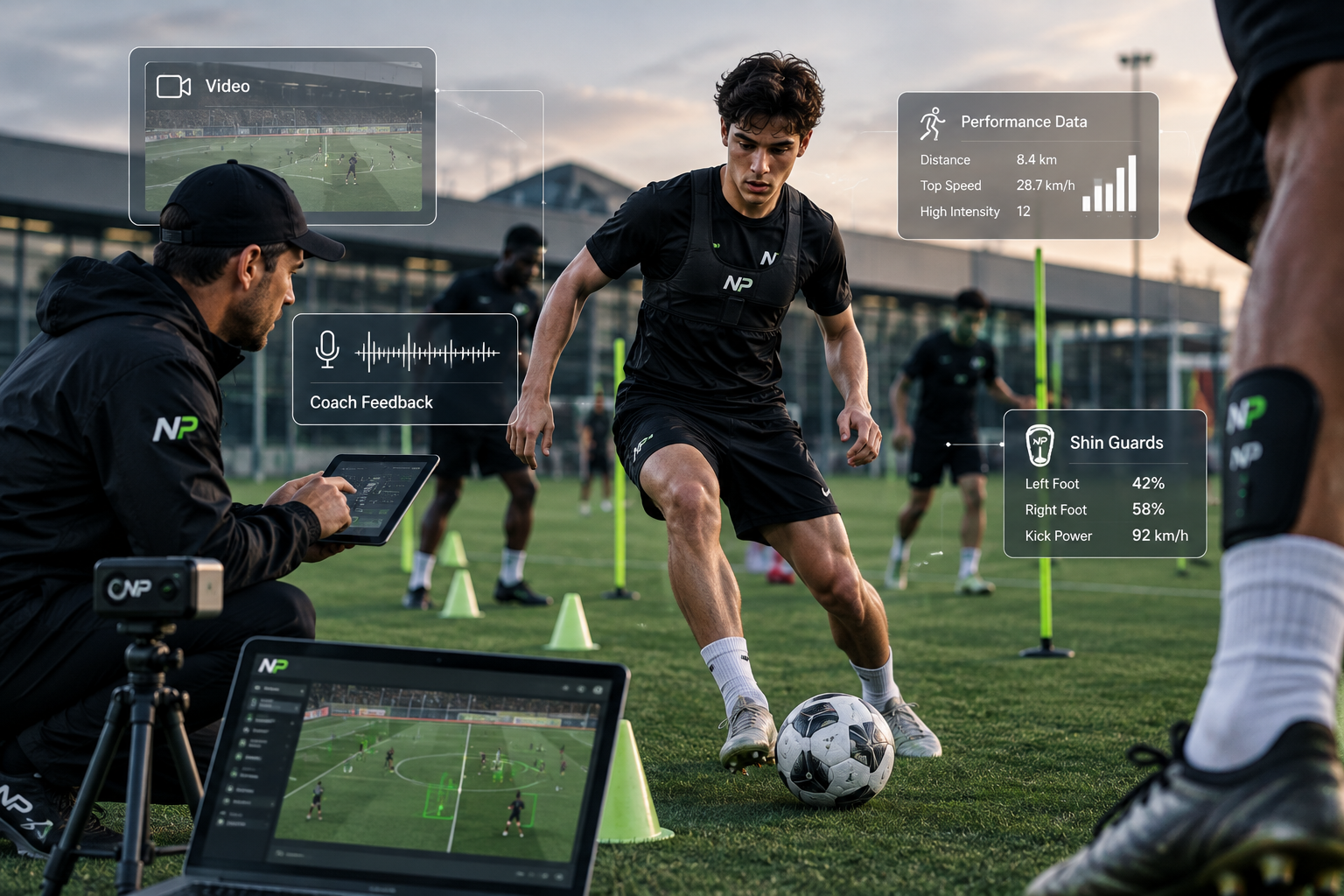 NextPlay training ecosystem with coach feedback, video, performance data and smart shin guard insights